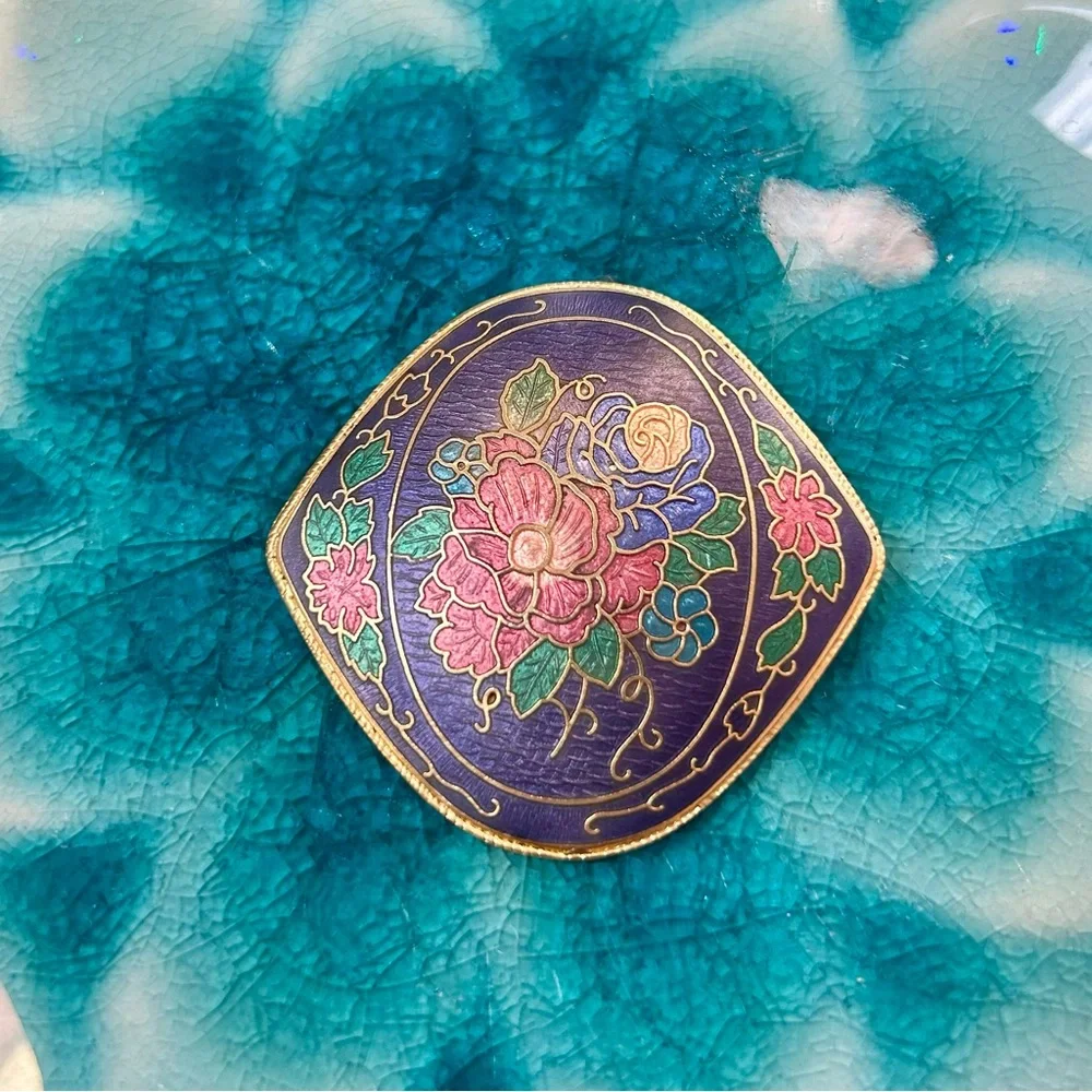 Vintage Cloisonné Brooch Pin Lovely Cobalt Blue Floral